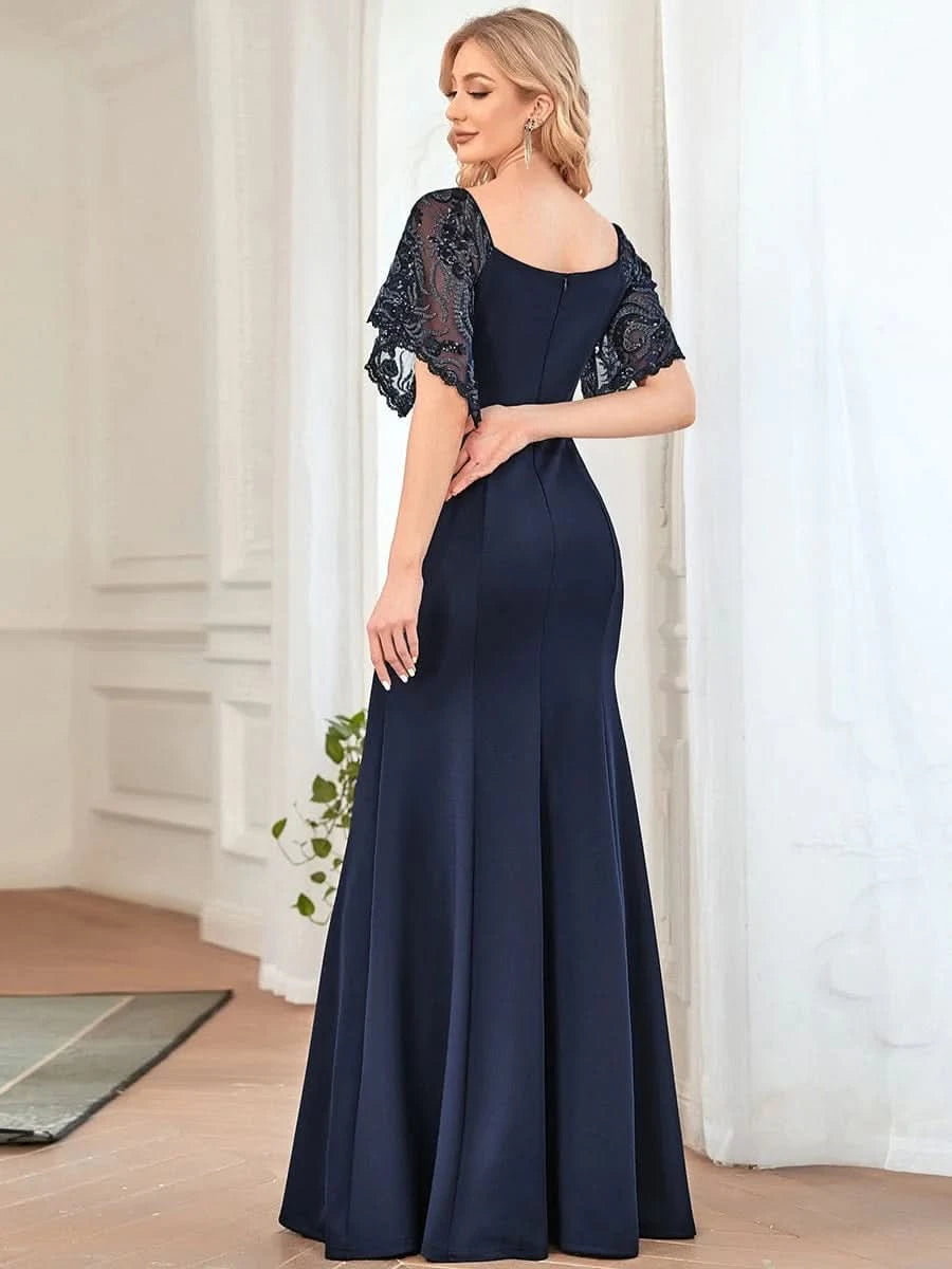 Color=Navy Blau | Bodenlanges Ballkleider Mit V-Ausschnitt 00550-Navy Blau 2