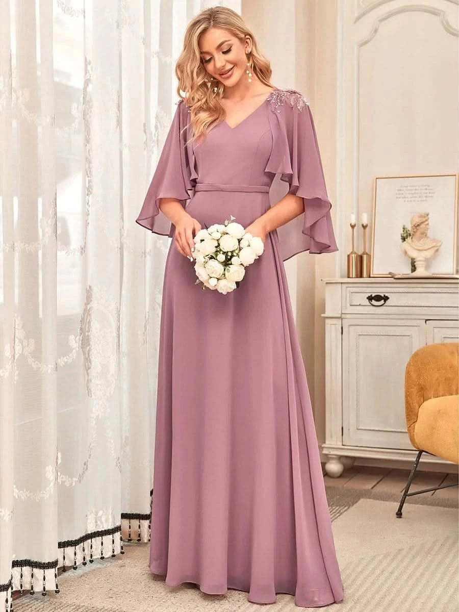 Größe Nach Maß Elegante V-Ausschnitt Flowy Chiffon Brautjungfernkleider mit Wraps 00638