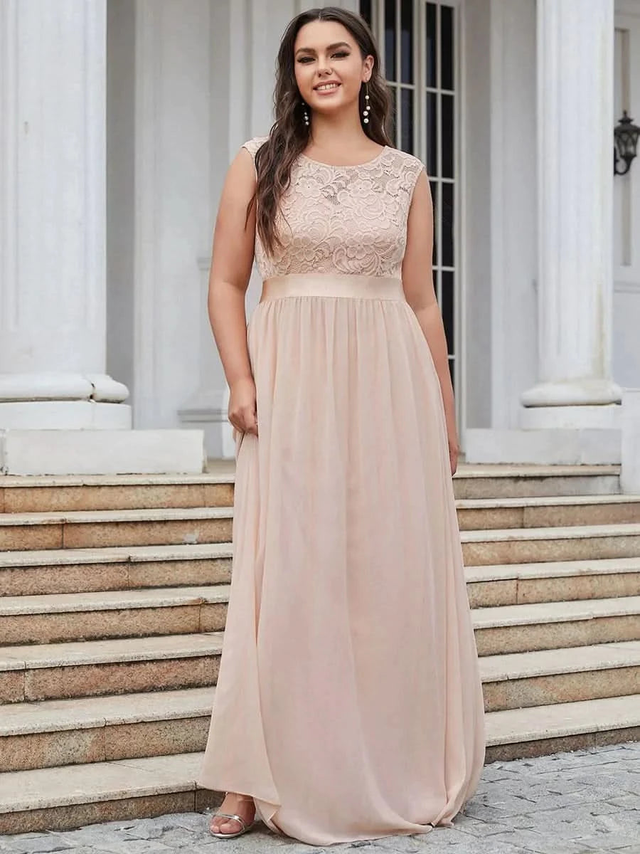 Größe Nach Maß Klassische A-Linie Chiffon Spitze Rundhals Brautjungfernkleider 00646