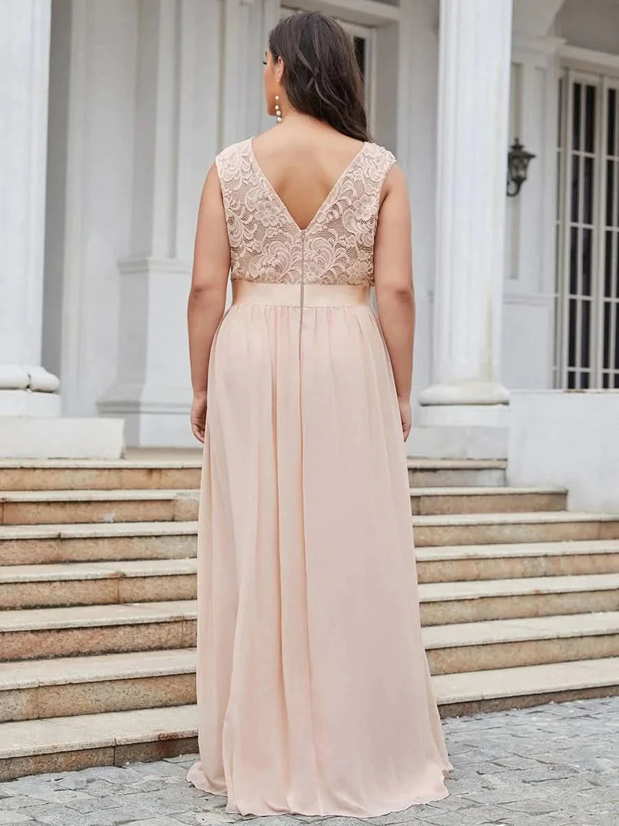 Größe Nach Maß Klassische A-Linie Chiffon Spitze Rundhals Brautjungfernkleider 00646