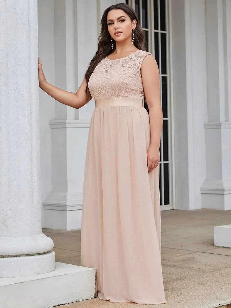 Größe Nach Maß Klassische A-Linie Chiffon Spitze Rundhals Brautjungfernkleider 00646