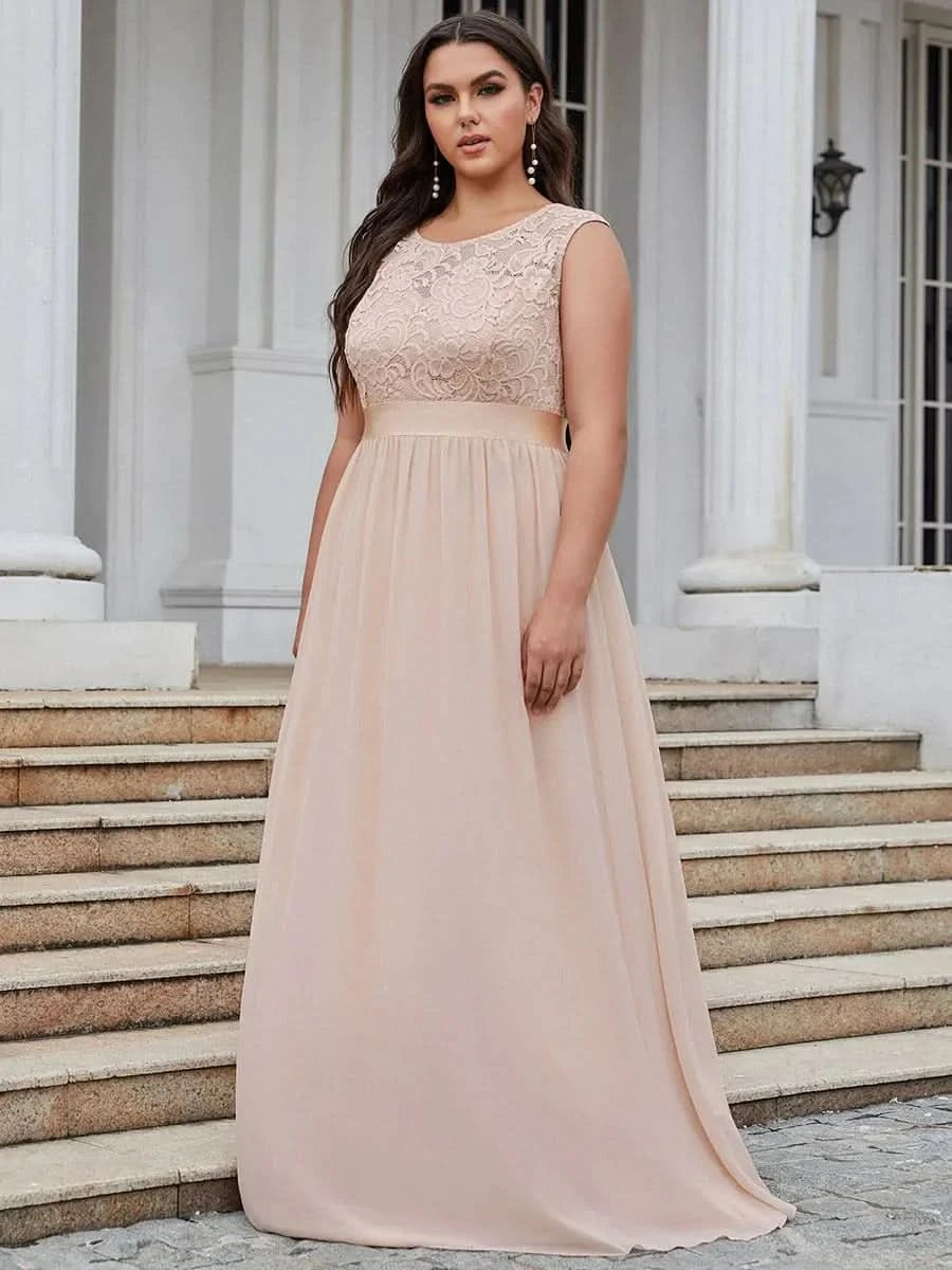 Größe Nach Maß Klassische A-Linie Chiffon Spitze Rundhals Brautjungfernkleider 00646