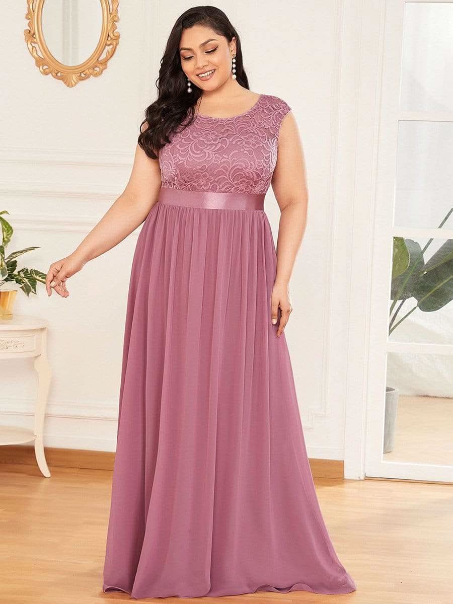 Größe Nach Maß Klassische A-Linie Chiffon Spitze Rundhals Brautjungfernkleider 00646