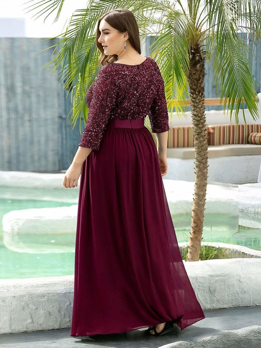 Größe Nach Maß Elegantes Rundhalsausschnitt 3/4 Aermel Pailletten Patchwork Abendkleid 00683