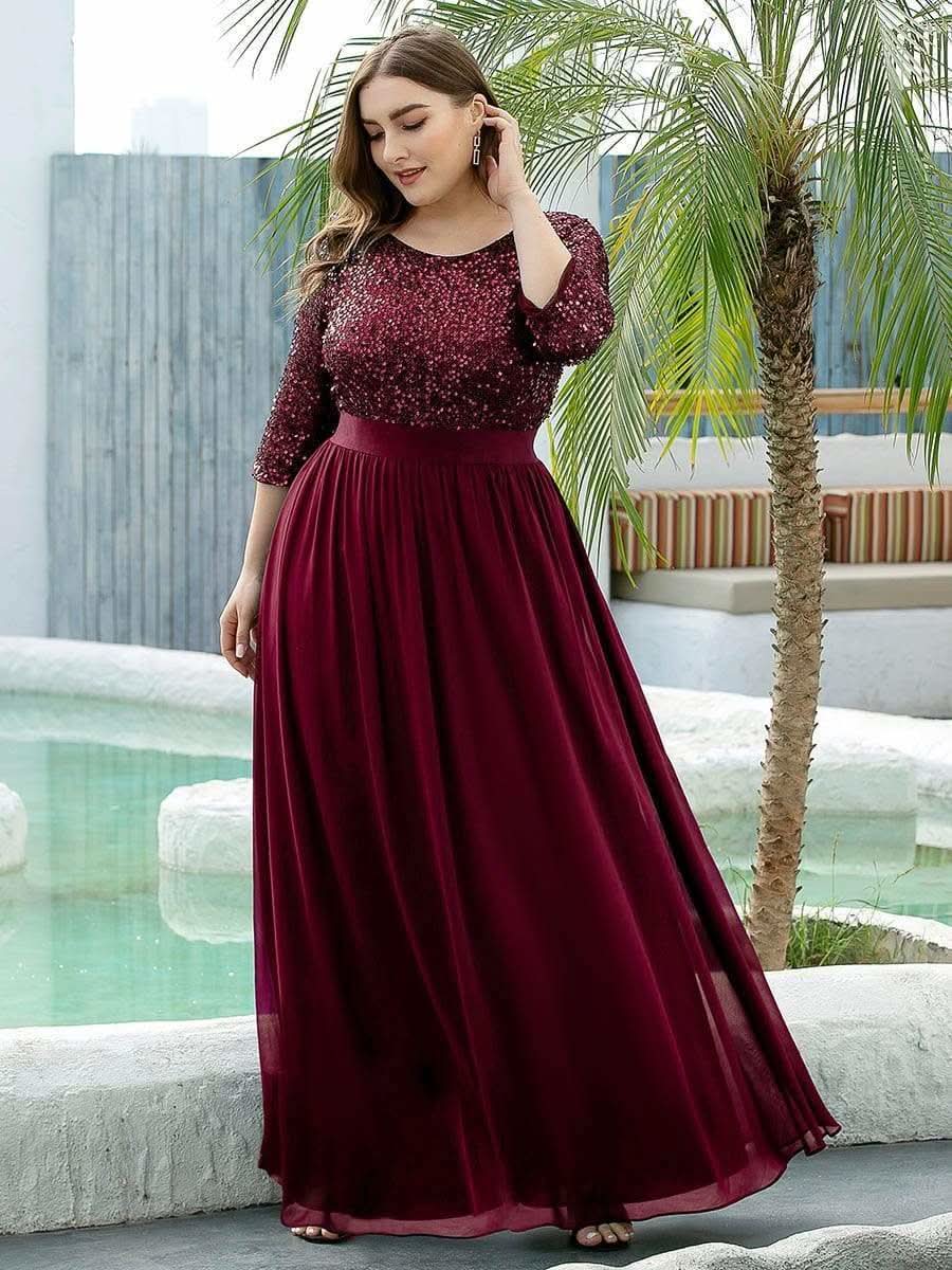 Größe Nach Maß Elegantes Rundhalsausschnitt 3/4 Aermel Pailletten Patchwork Abendkleid 00683