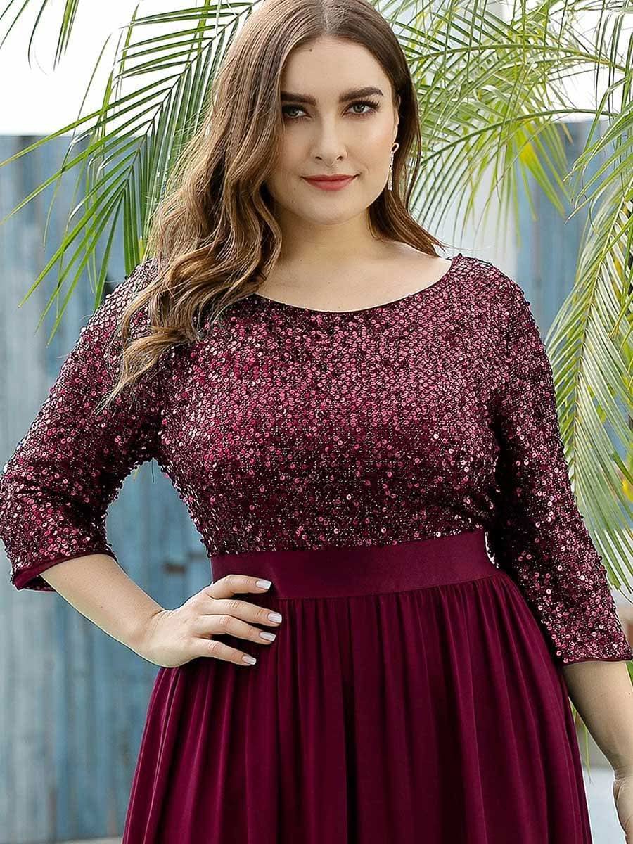 Größe Nach Maß Elegantes Rundhalsausschnitt 3/4 Aermel Pailletten Patchwork Abendkleid 00683