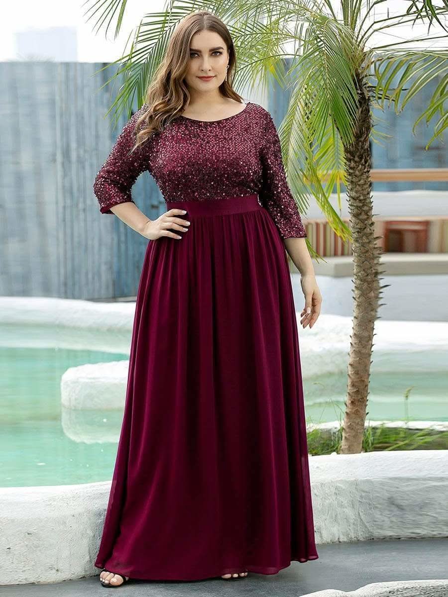 Größe Nach Maß Elegantes Rundhalsausschnitt 3/4 Aermel Pailletten Patchwork Abendkleid 00683