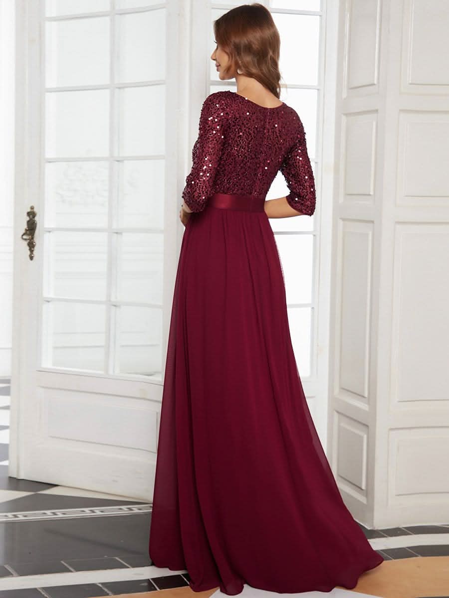 Größe Nach Maß Elegantes Rundhalsausschnitt 3/4 Aermel Pailletten Patchwork Abendkleid 00683
