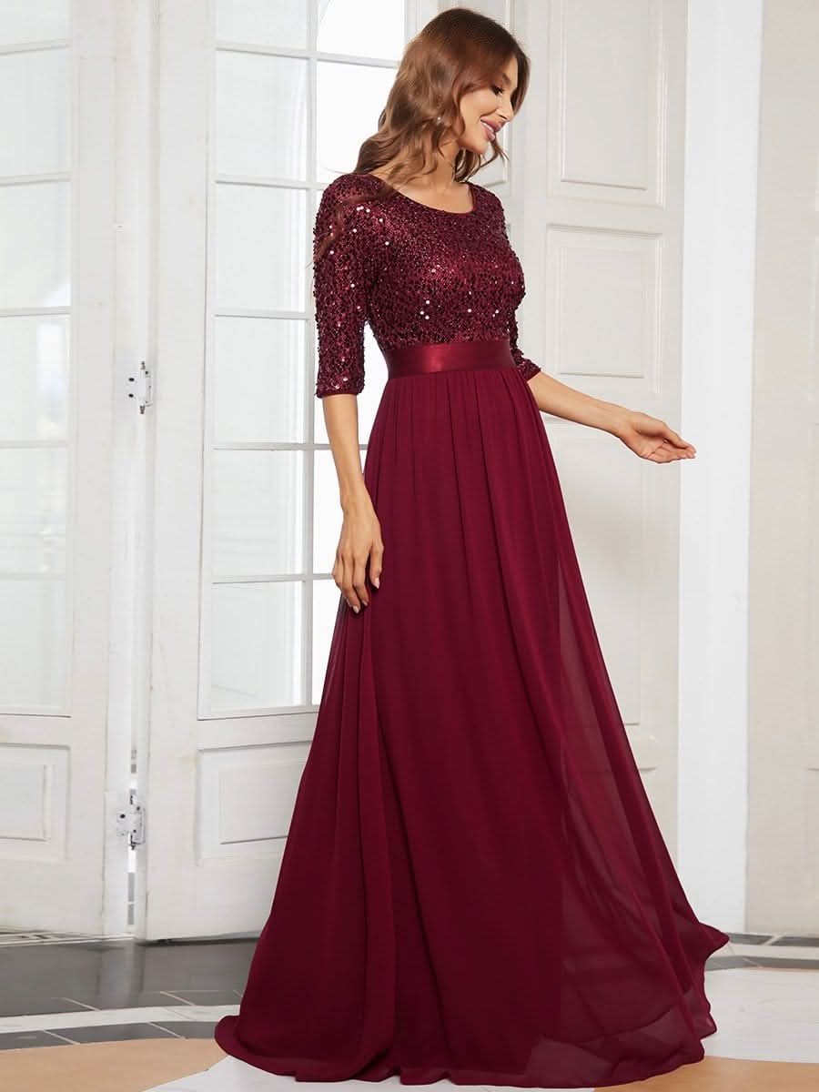 Größe Nach Maß Elegantes Rundhalsausschnitt 3/4 Aermel Pailletten Patchwork Abendkleid 00683