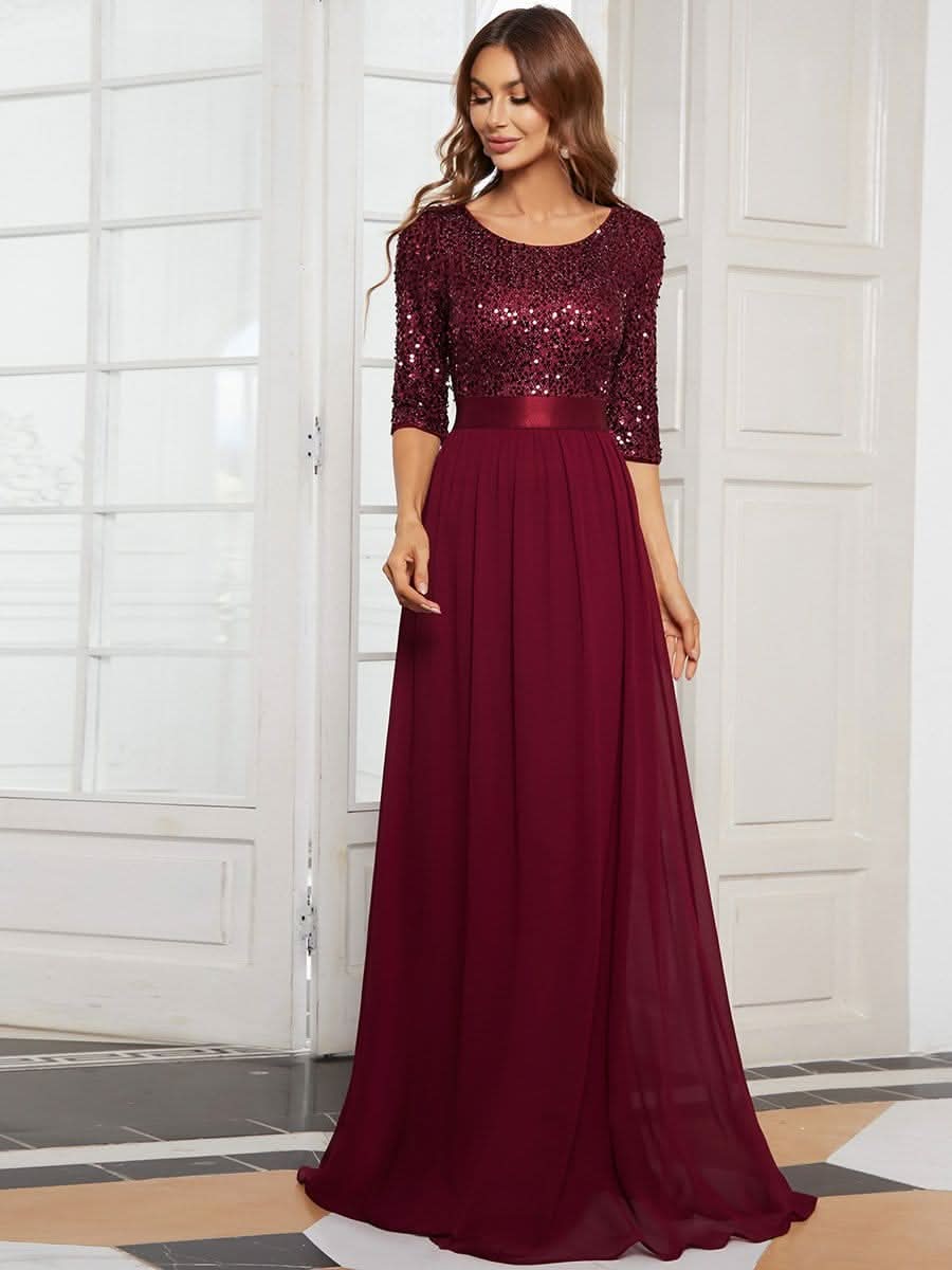 Größe Nach Maß Elegantes Rundhalsausschnitt 3/4 Aermel Pailletten Patchwork Abendkleid 00683