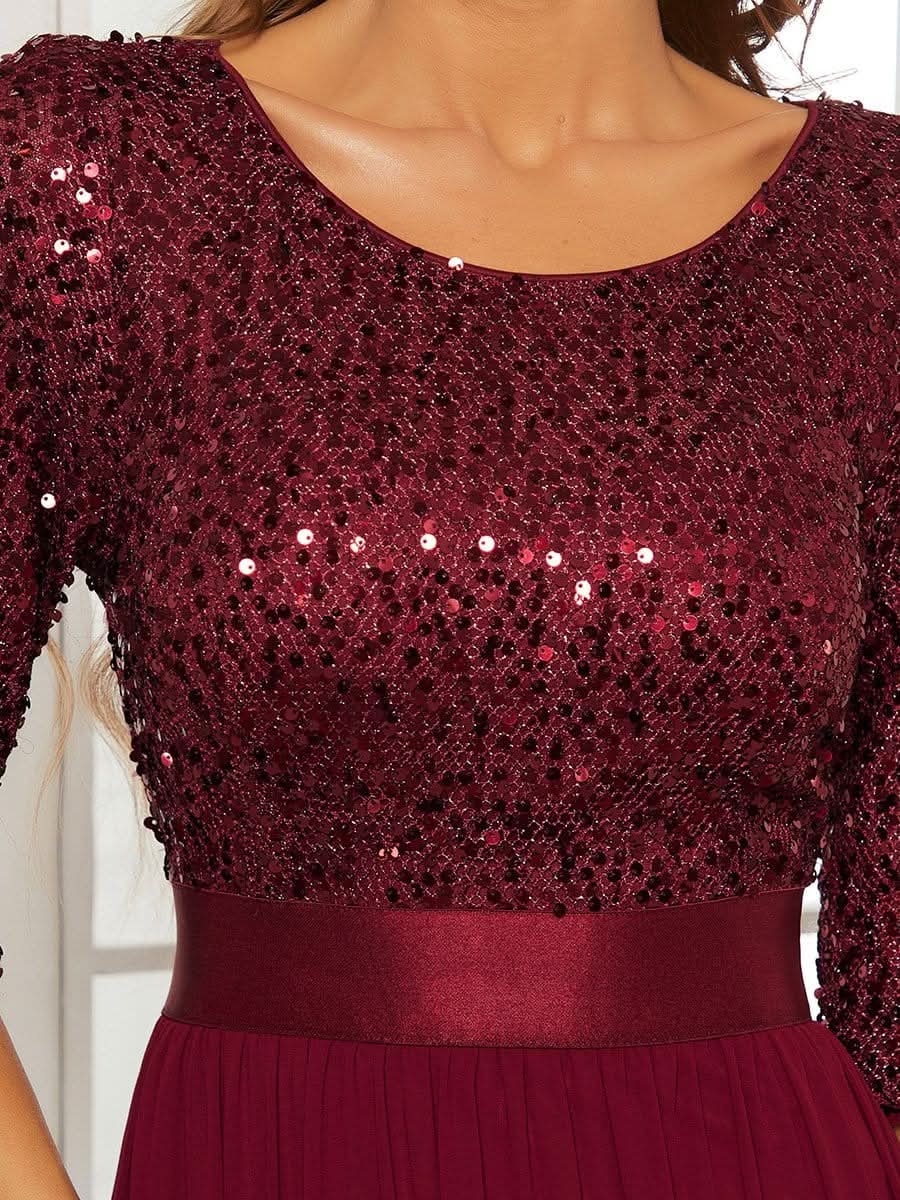 Größe Nach Maß Elegantes Rundhalsausschnitt 3/4 Aermel Pailletten Patchwork Abendkleid 00683