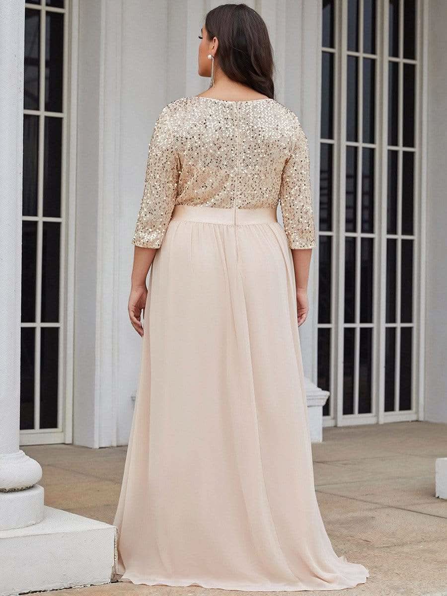 Größe Nach Maß Elegantes Rundhalsausschnitt 3/4 Aermel Pailletten Patchwork Abendkleid 00683