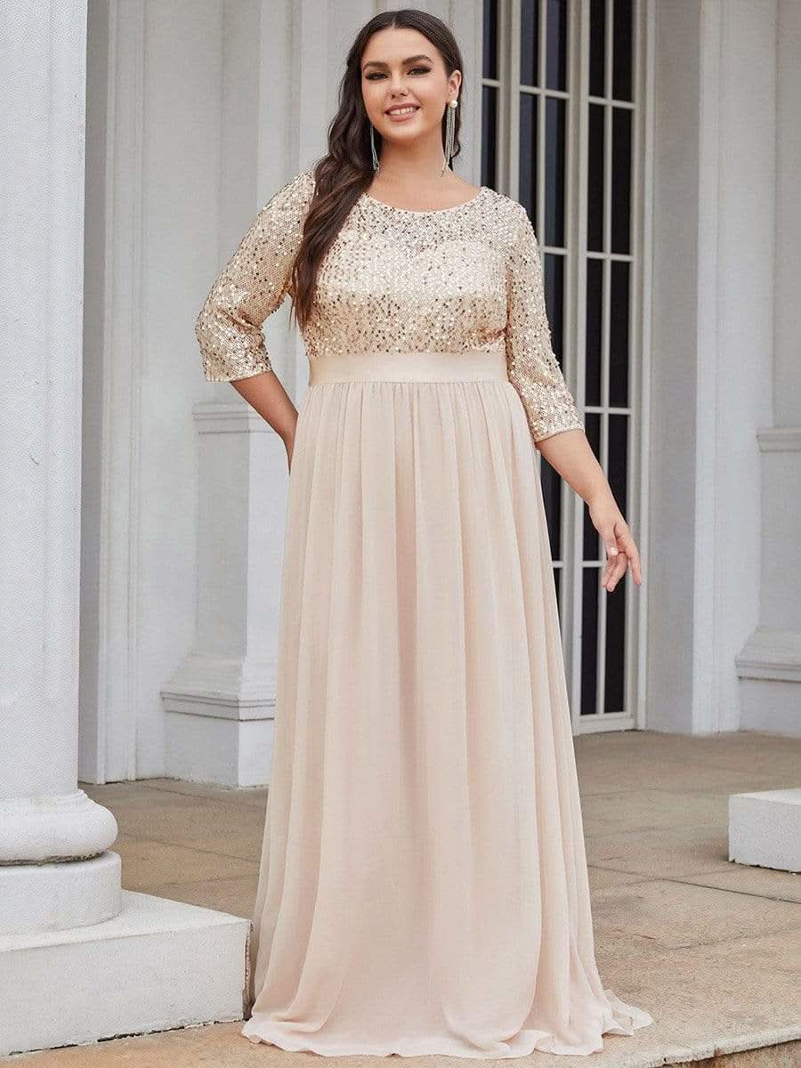 Größe Nach Maß Elegantes Rundhalsausschnitt 3/4 Aermel Pailletten Patchwork Abendkleid 00683