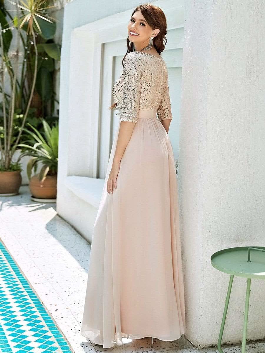 Größe Nach Maß Elegantes Rundhalsausschnitt 3/4 Aermel Pailletten Patchwork Abendkleid 00683