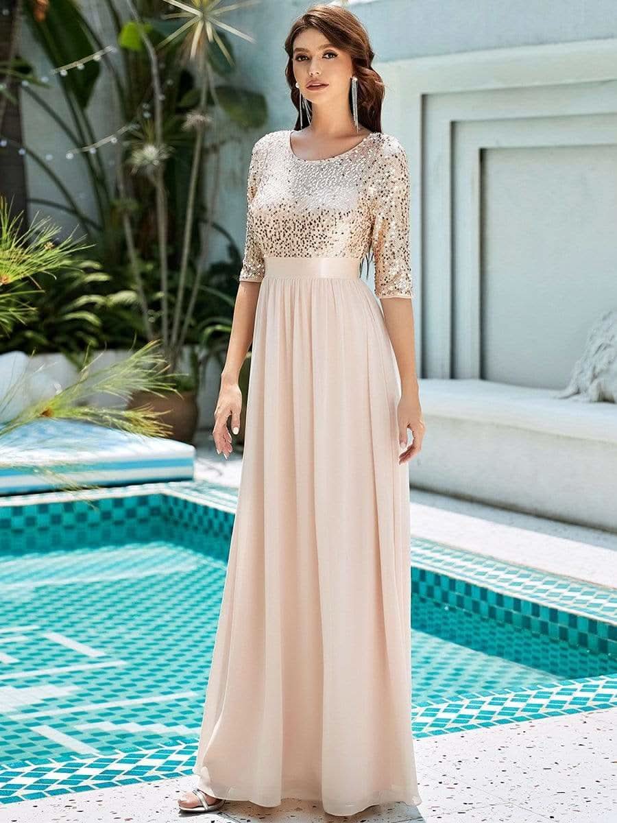 Größe Nach Maß Elegantes Rundhalsausschnitt 3/4 Aermel Pailletten Patchwork Abendkleid 00683