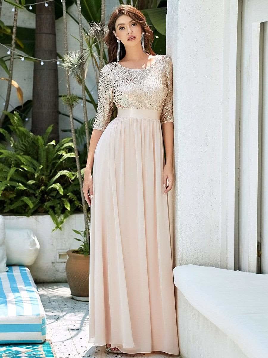 Größe Nach Maß Elegantes Rundhalsausschnitt 3/4 Aermel Pailletten Patchwork Abendkleid 00683