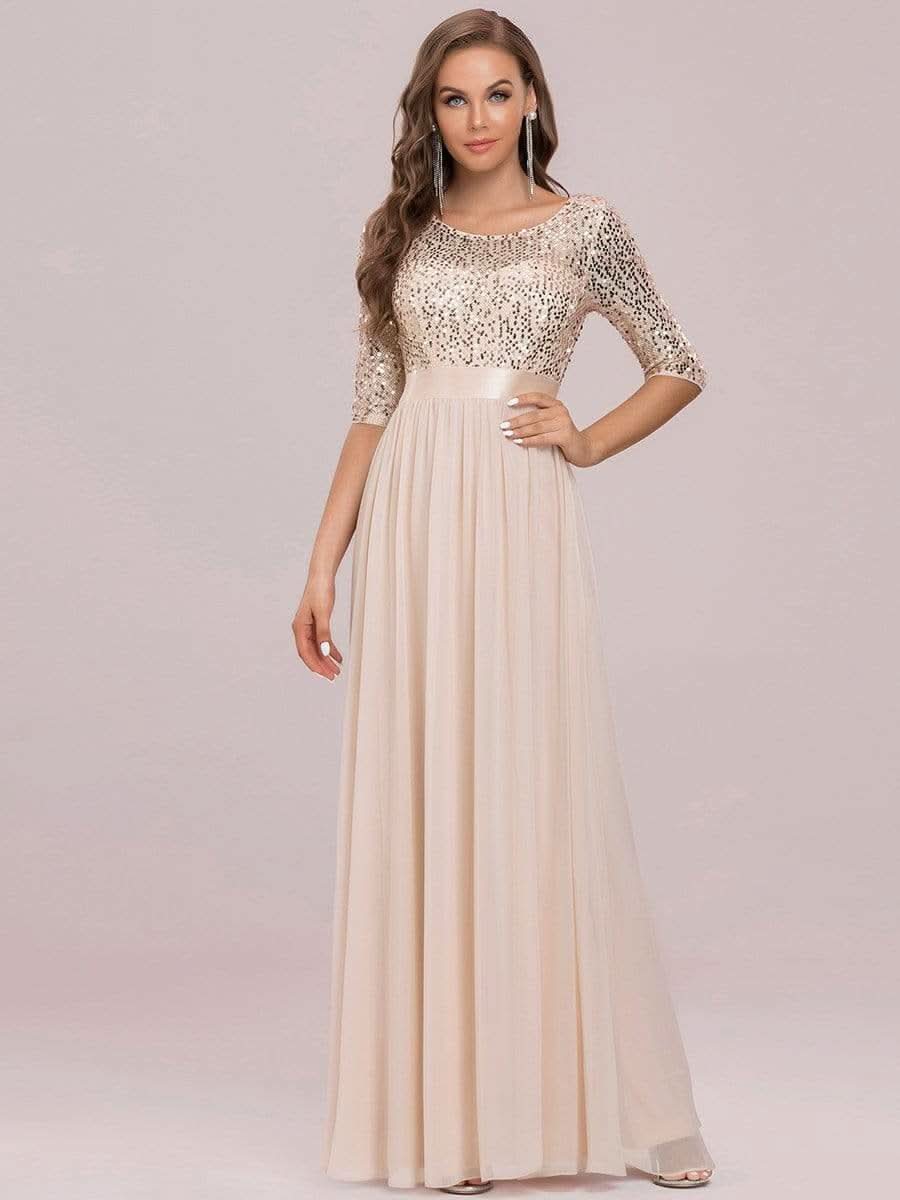 Größe Nach Maß Elegantes Rundhalsausschnitt 3/4 Aermel Pailletten Patchwork Abendkleid 00683