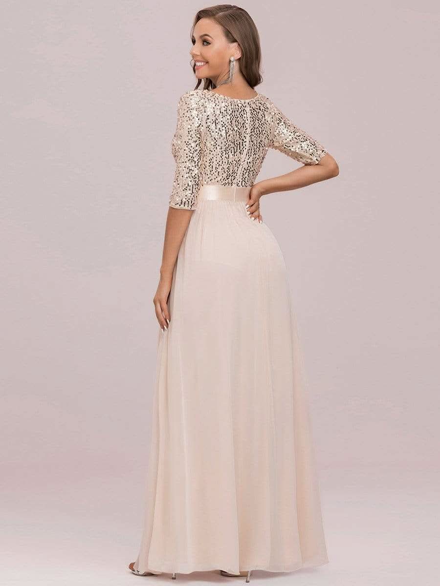 Größe Nach Maß Elegantes Rundhalsausschnitt 3/4 Aermel Pailletten Patchwork Abendkleid 00683