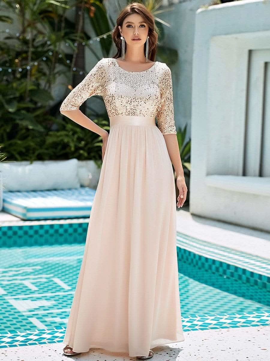 Größe Nach Maß Elegantes Rundhalsausschnitt 3/4 Aermel Pailletten Patchwork Abendkleid 00683