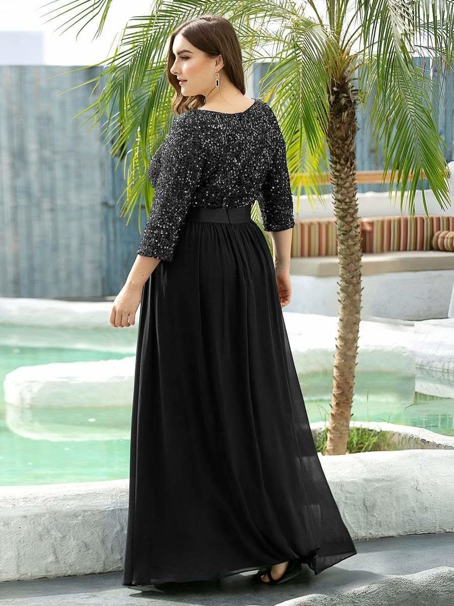 Größe Nach Maß Elegantes Rundhalsausschnitt 3/4 Aermel Pailletten Patchwork Abendkleid 00683