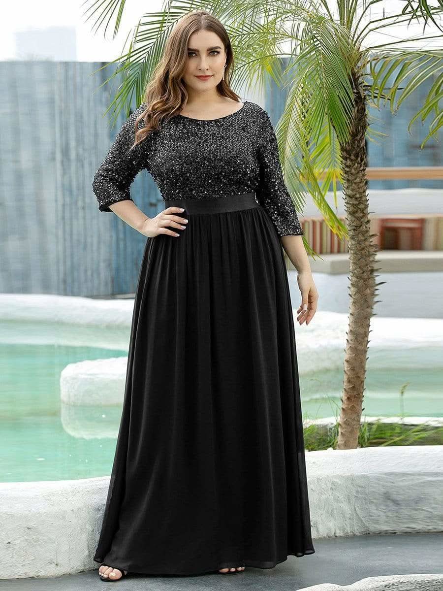 Größe Nach Maß Elegantes Rundhalsausschnitt 3/4 Aermel Pailletten Patchwork Abendkleid 00683
