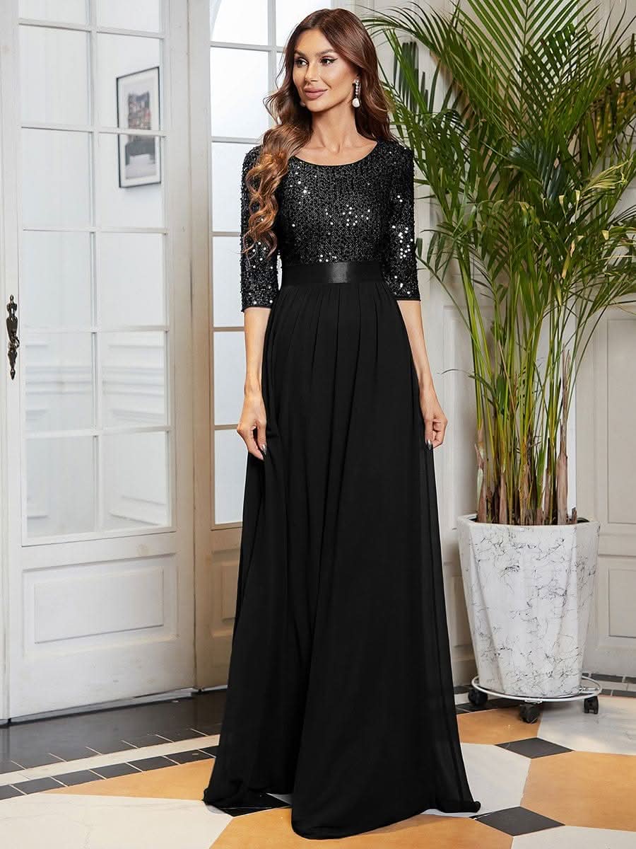 Größe Nach Maß Elegantes Rundhalsausschnitt 3/4 Aermel Pailletten Patchwork Abendkleid 00683