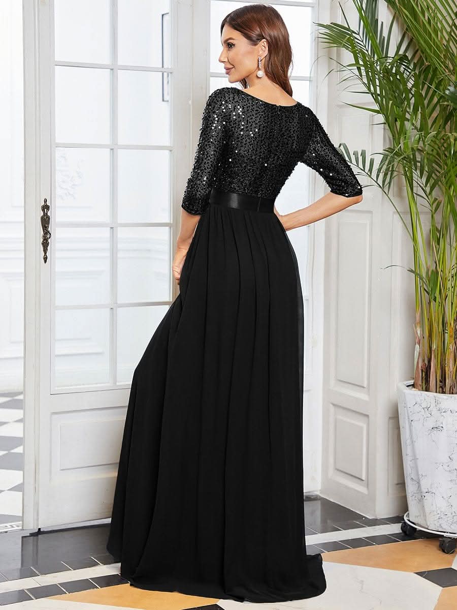 Größe Nach Maß Elegantes Rundhalsausschnitt 3/4 Aermel Pailletten Patchwork Abendkleid 00683
