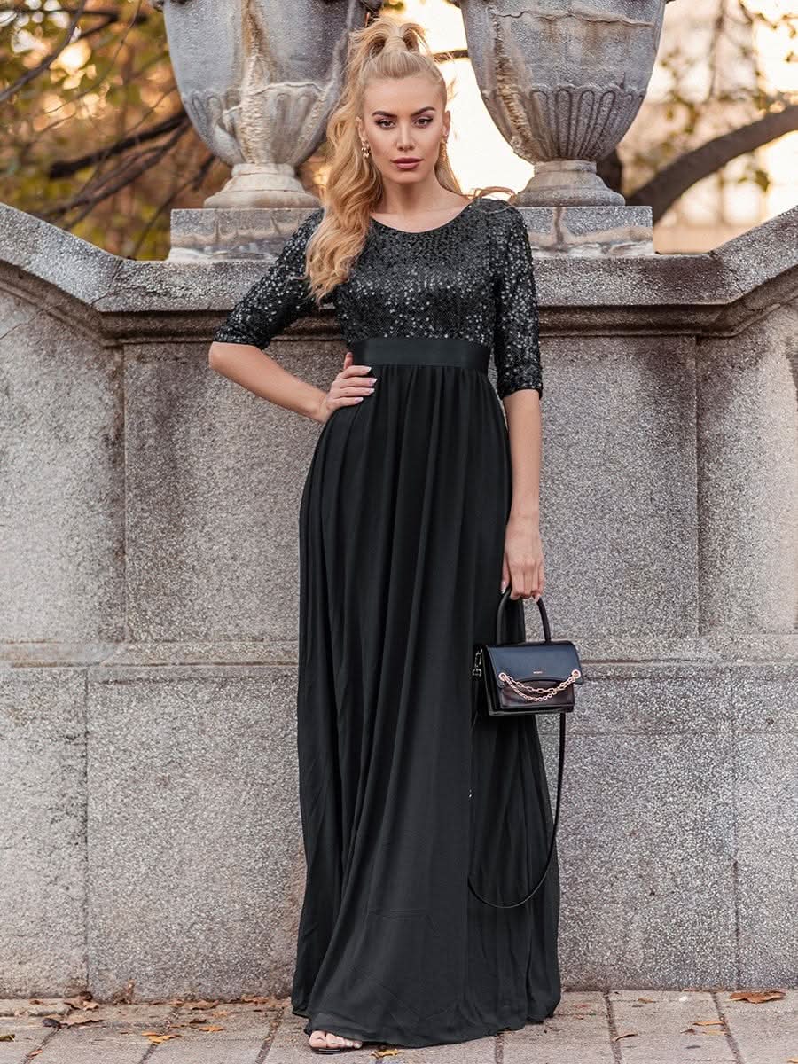 Größe Nach Maß Elegantes Rundhalsausschnitt 3/4 Aermel Pailletten Patchwork Abendkleid 00683