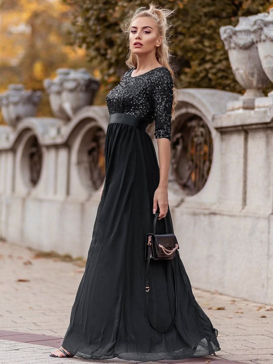 Größe Nach Maß Elegantes Rundhalsausschnitt 3/4 Aermel Pailletten Patchwork Abendkleid 00683