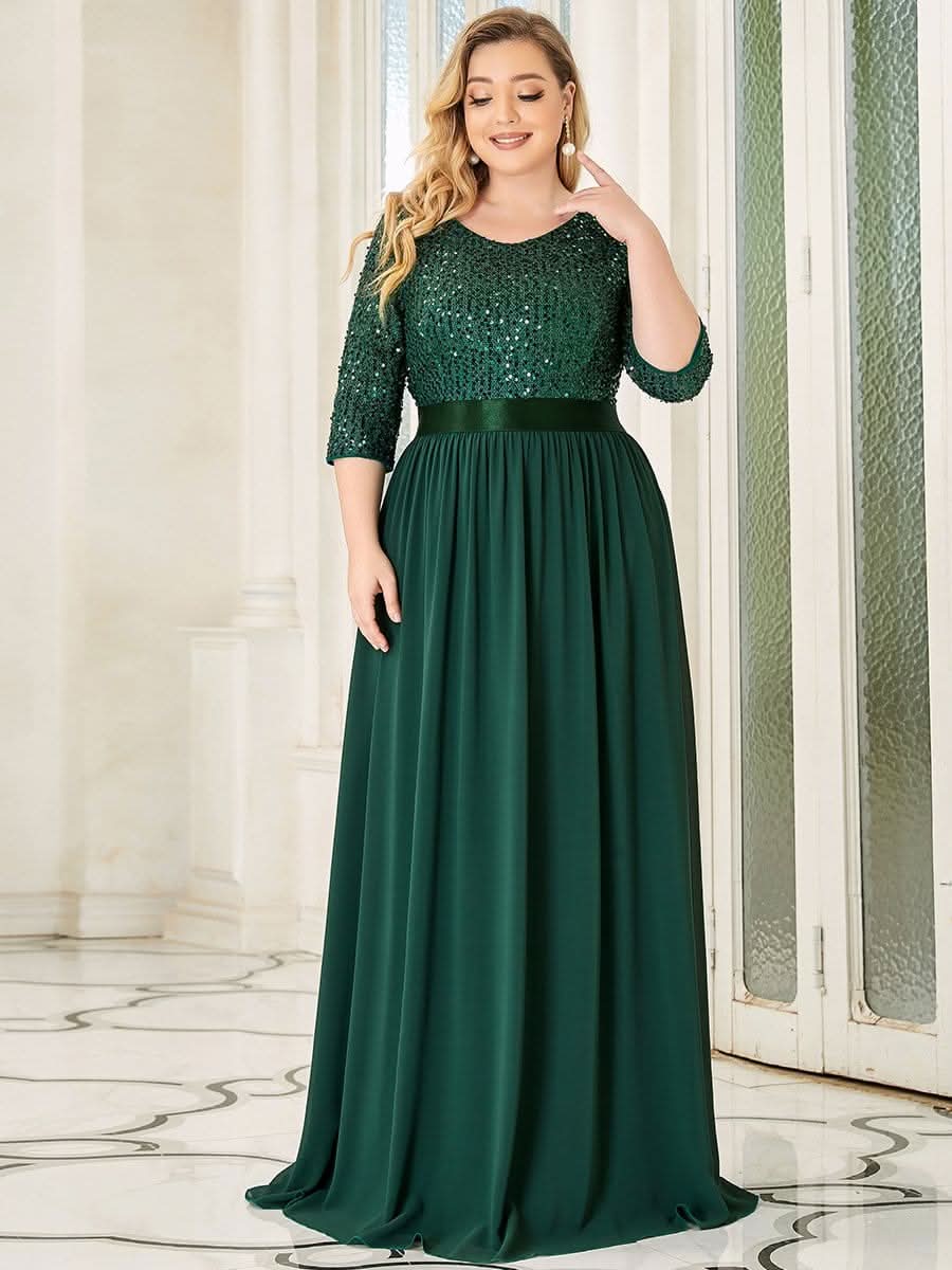 Größe Nach Maß Elegantes Rundhalsausschnitt 3/4 Aermel Pailletten Patchwork Abendkleid 00683