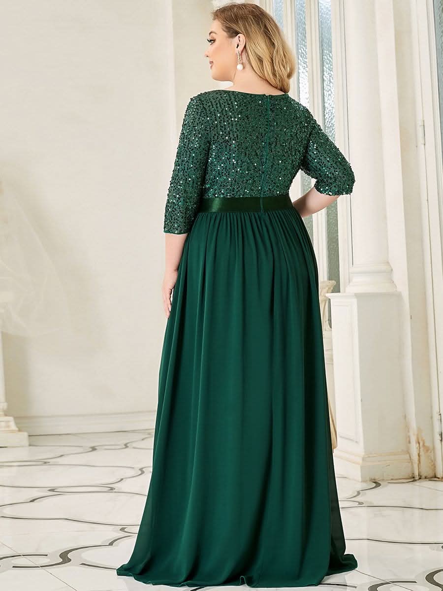 Größe Nach Maß Elegantes Rundhalsausschnitt 3/4 Aermel Pailletten Patchwork Abendkleid 00683