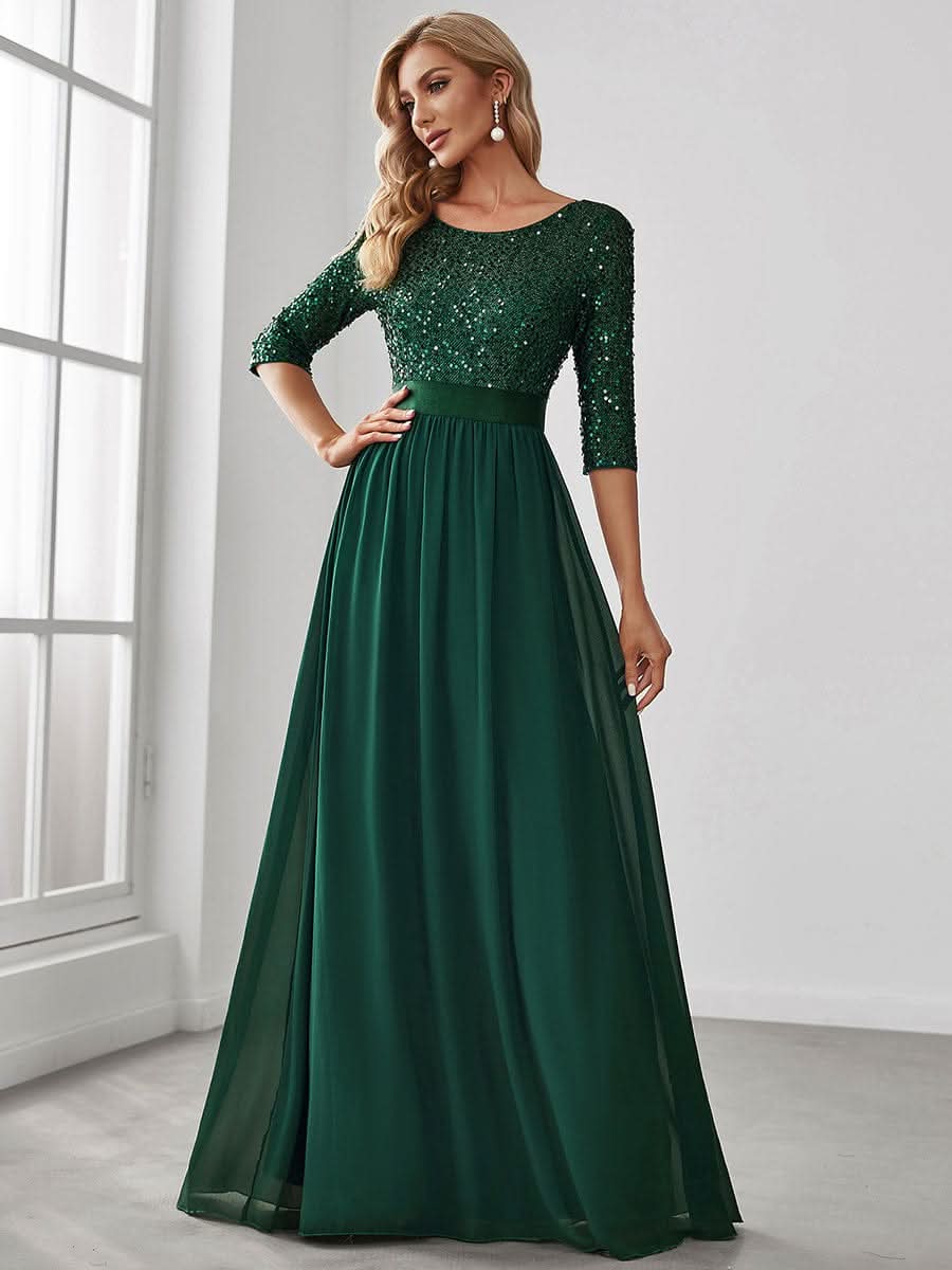 Größe Nach Maß Elegantes Rundhalsausschnitt 3/4 Aermel Pailletten Patchwork Abendkleid 00683