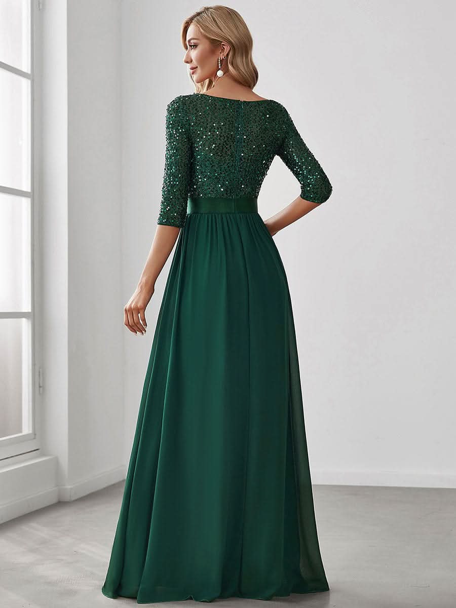 Größe Nach Maß Elegantes Rundhalsausschnitt 3/4 Aermel Pailletten Patchwork Abendkleid 00683