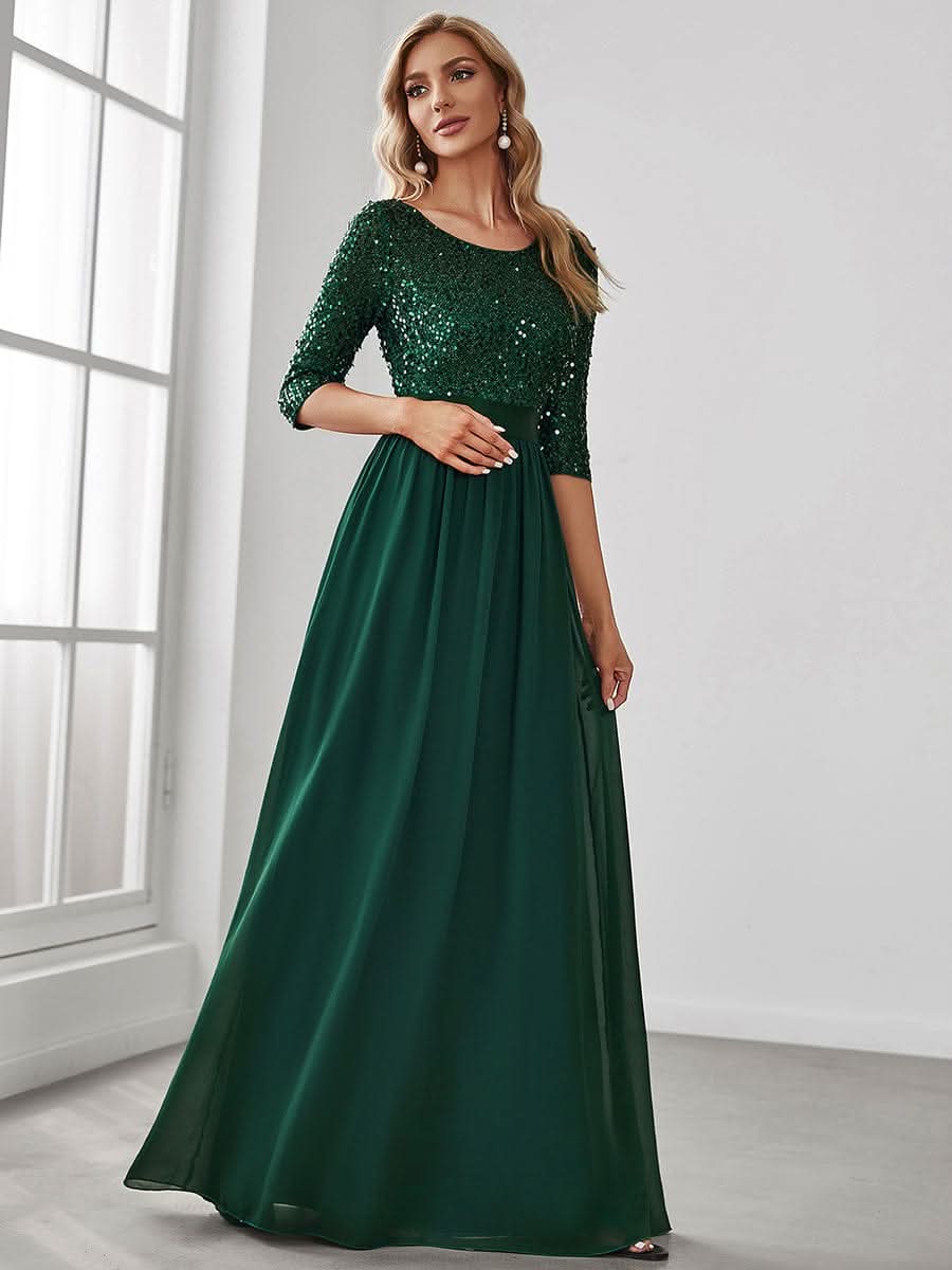 Größe Nach Maß Elegantes Rundhalsausschnitt 3/4 Aermel Pailletten Patchwork Abendkleid 00683
