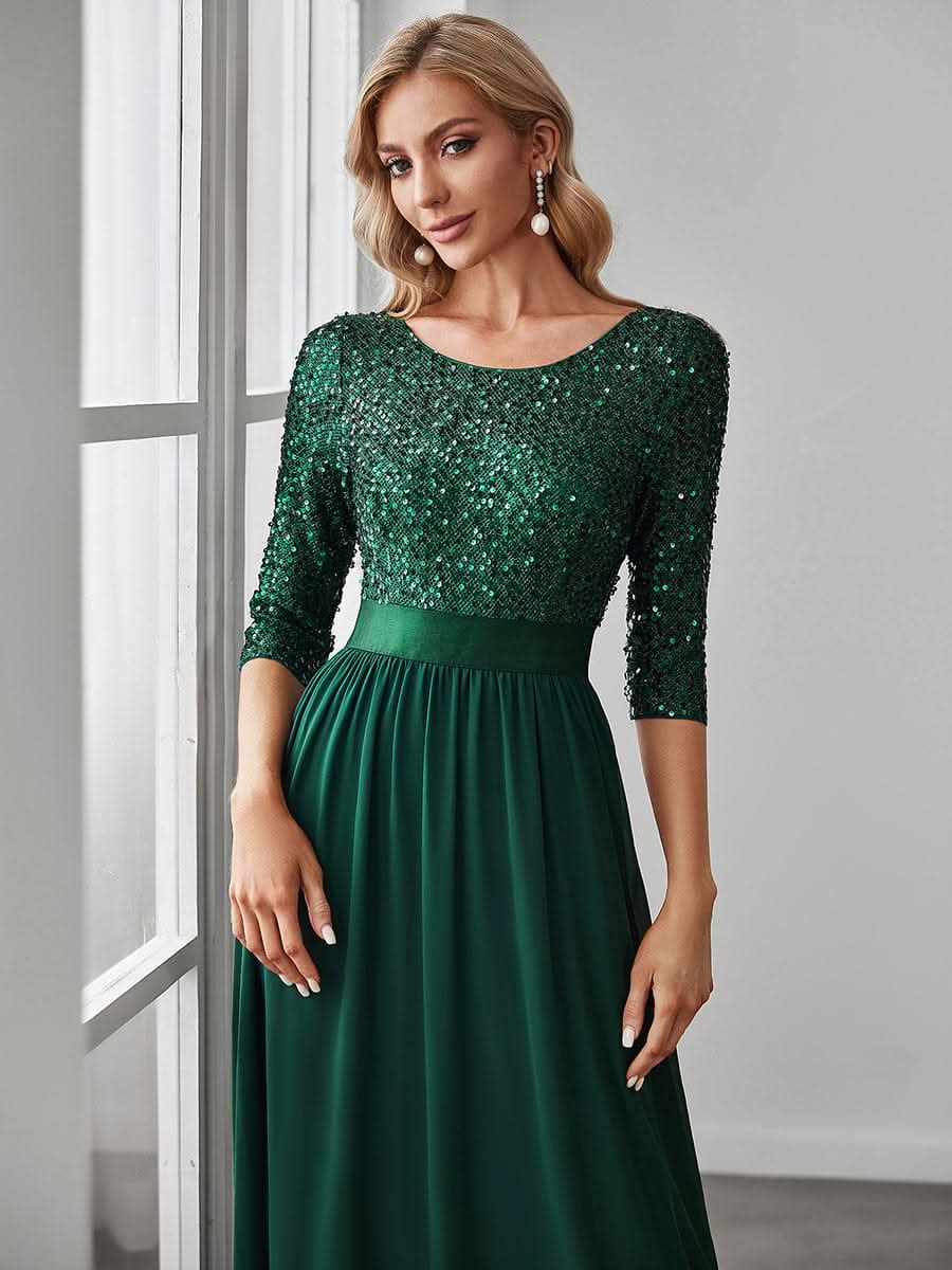 Größe Nach Maß Elegantes Rundhalsausschnitt 3/4 Aermel Pailletten Patchwork Abendkleid 00683