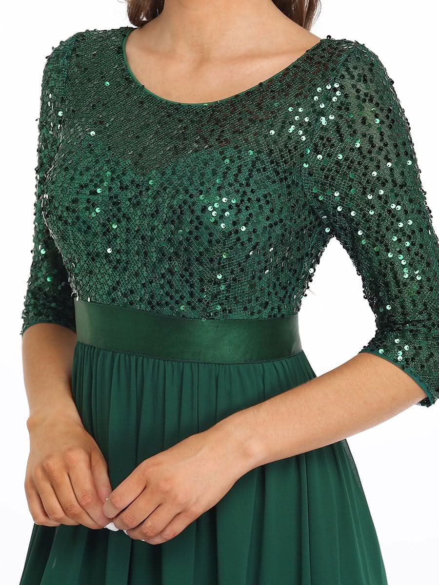 Größe Nach Maß Elegantes Rundhalsausschnitt 3/4 Aermel Pailletten Patchwork Abendkleid 00683