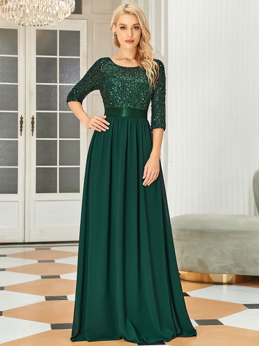Größe Nach Maß Elegantes Rundhalsausschnitt 3/4 Aermel Pailletten Patchwork Abendkleid 00683