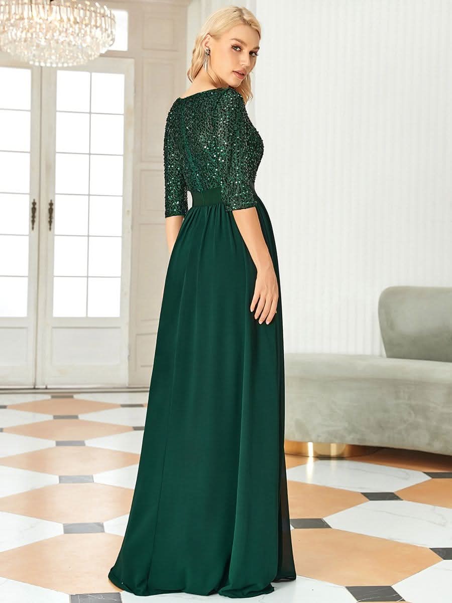 Größe Nach Maß Elegantes Rundhalsausschnitt 3/4 Aermel Pailletten Patchwork Abendkleid 00683