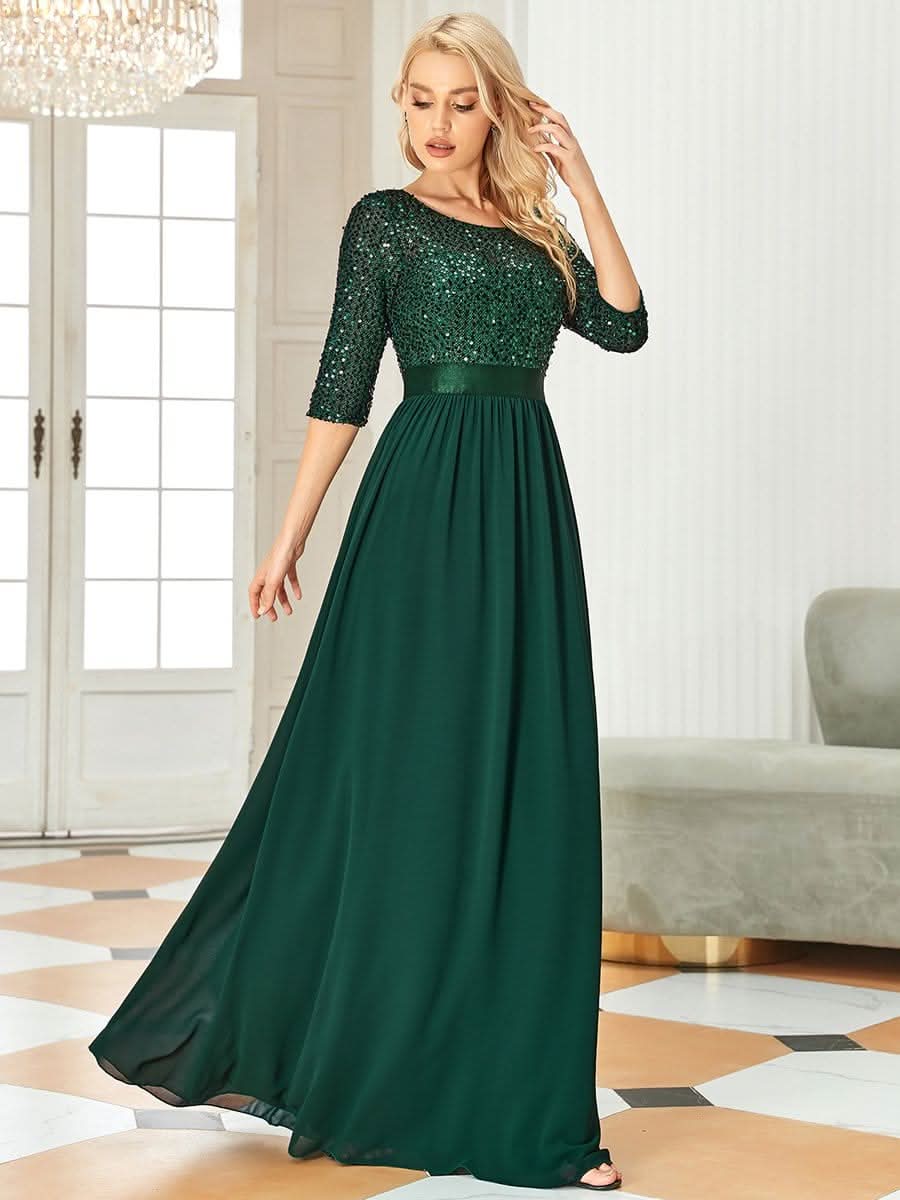 Größe Nach Maß Elegantes Rundhalsausschnitt 3/4 Aermel Pailletten Patchwork Abendkleid 00683