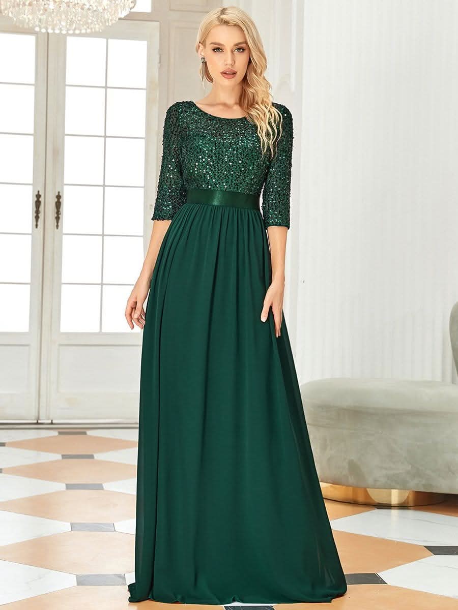 Größe Nach Maß Elegantes Rundhalsausschnitt 3/4 Aermel Pailletten Patchwork Abendkleid 00683