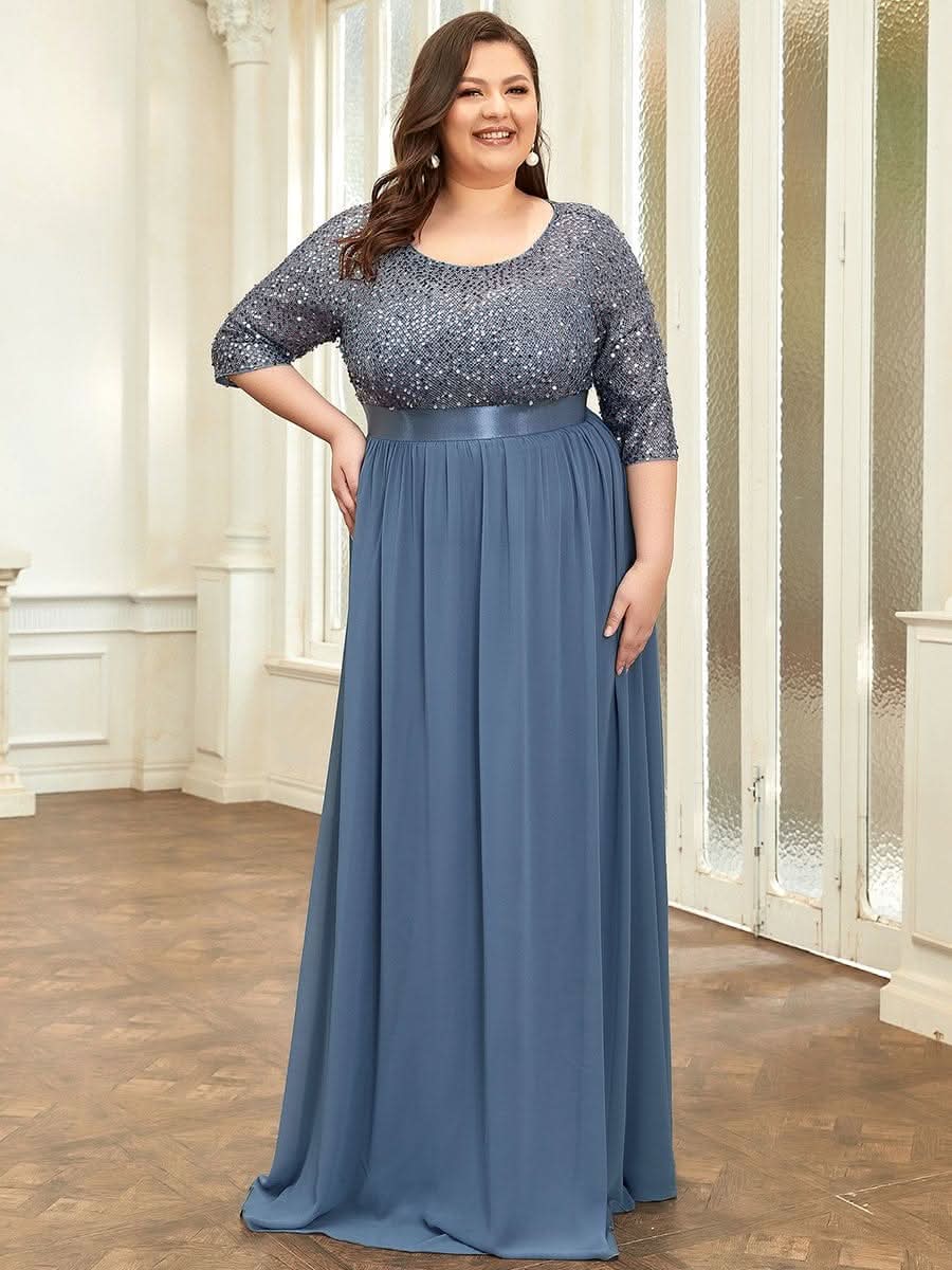 Größe Nach Maß Elegantes Rundhalsausschnitt 3/4 Aermel Pailletten Patchwork Abendkleid 00683