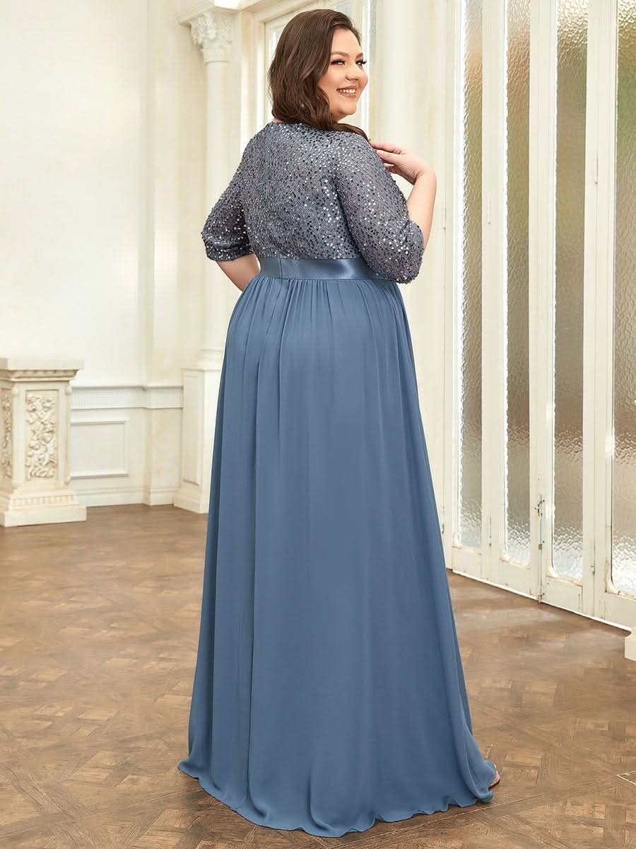 Größe Nach Maß Elegantes Rundhalsausschnitt 3/4 Aermel Pailletten Patchwork Abendkleid 00683