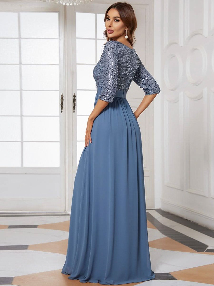 Größe Nach Maß Elegantes Rundhalsausschnitt 3/4 Aermel Pailletten Patchwork Abendkleid 00683