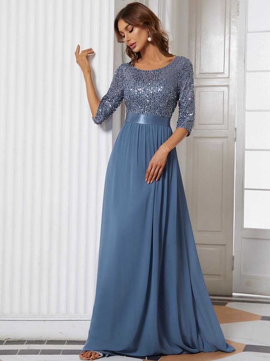 Größe Nach Maß Elegantes Rundhalsausschnitt 3/4 Aermel Pailletten Patchwork Abendkleid 00683