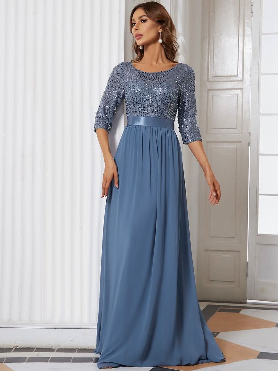 Größe Nach Maß Elegantes Rundhalsausschnitt 3/4 Aermel Pailletten Patchwork Abendkleid 00683