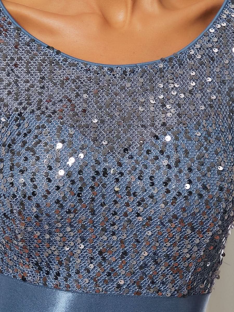 Größe Nach Maß Elegantes Rundhalsausschnitt 3/4 Aermel Pailletten Patchwork Abendkleid 00683