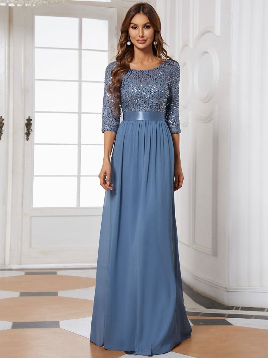 Größe Nach Maß Elegantes Rundhalsausschnitt 3/4 Aermel Pailletten Patchwork Abendkleid 00683