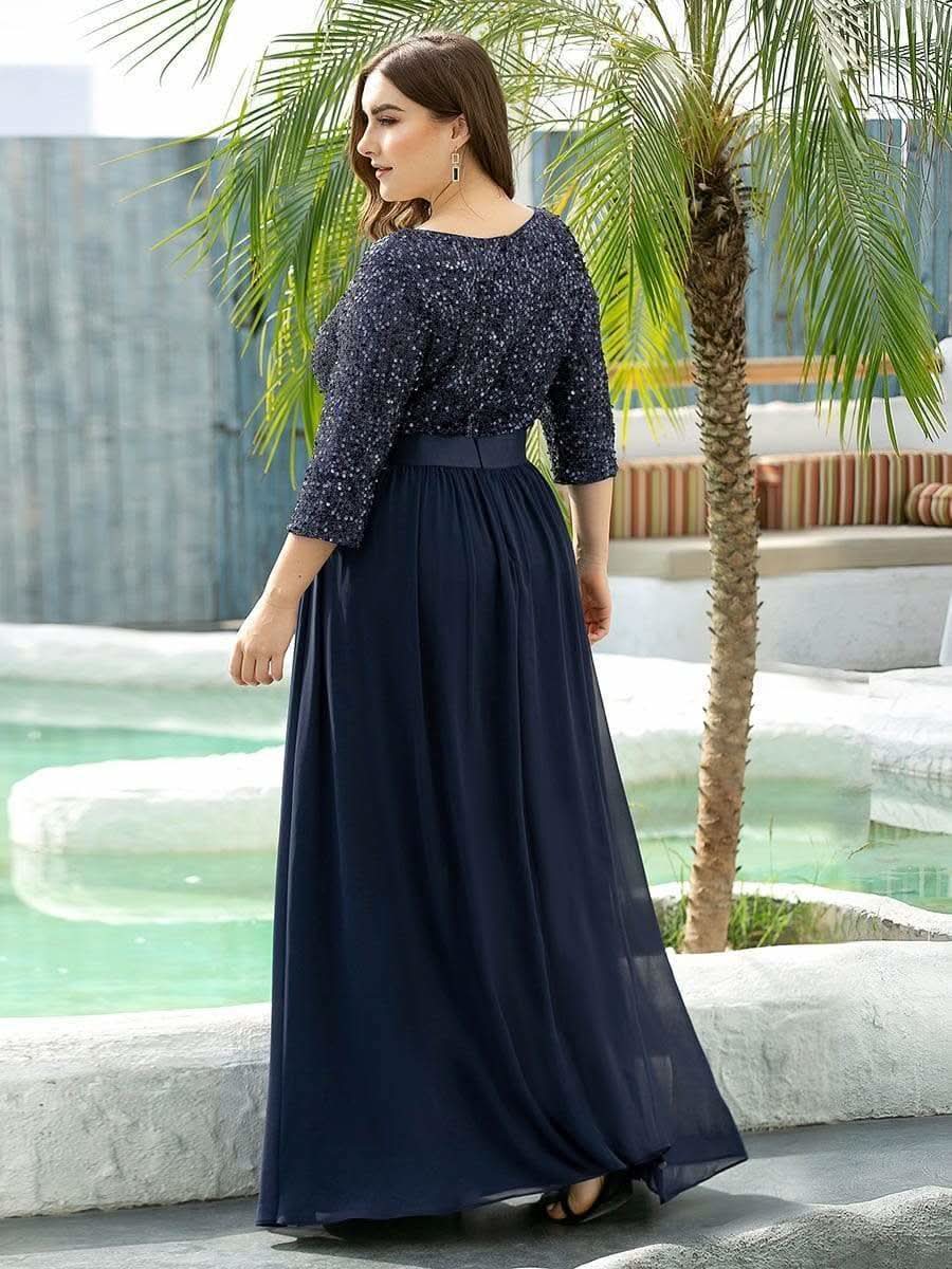 Größe Nach Maß Elegantes Rundhalsausschnitt 3/4 Aermel Pailletten Patchwork Abendkleid 00683