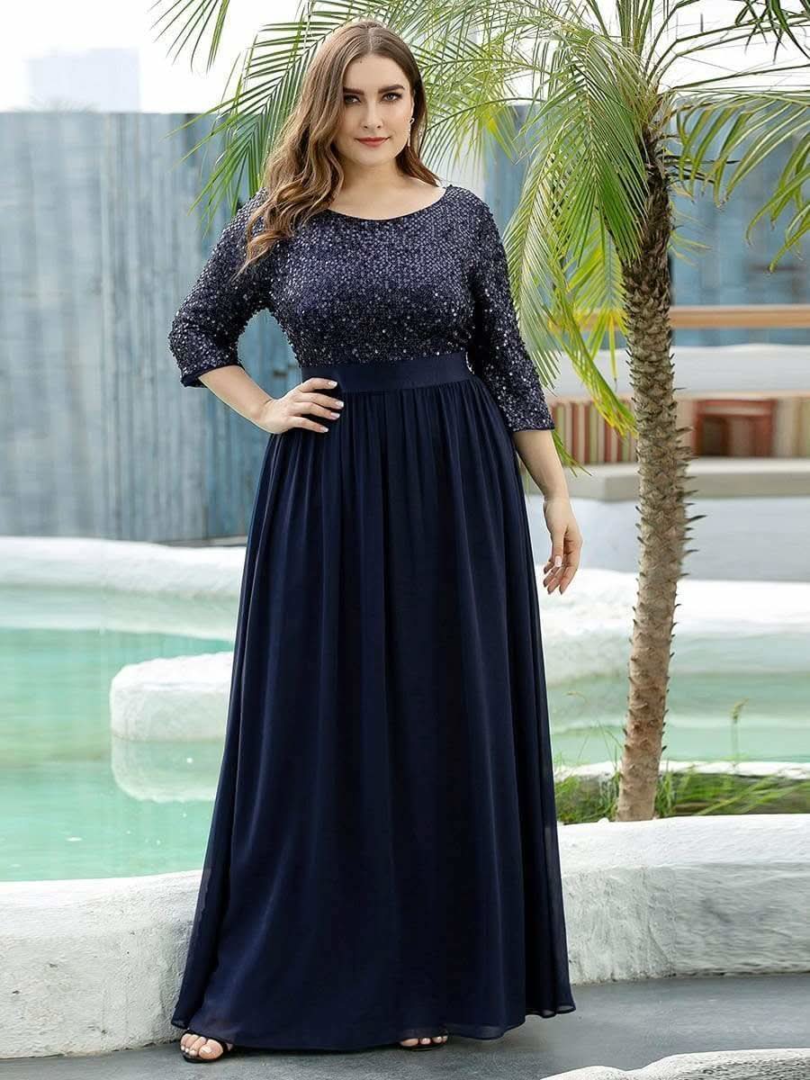 Größe Nach Maß Elegantes Rundhalsausschnitt 3/4 Aermel Pailletten Patchwork Abendkleid 00683