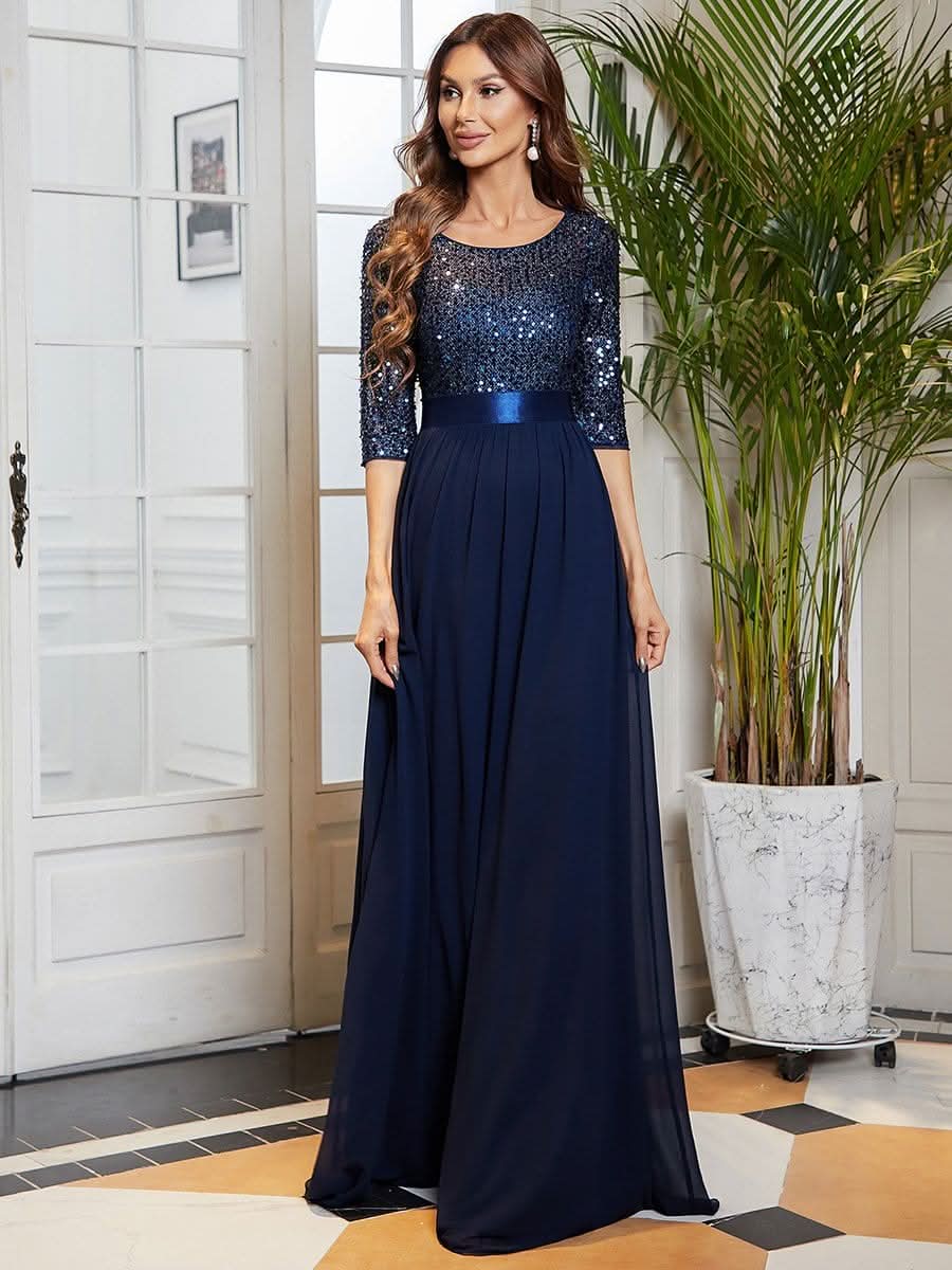 Größe Nach Maß Elegantes Rundhalsausschnitt 3/4 Aermel Pailletten Patchwork Abendkleid 00683